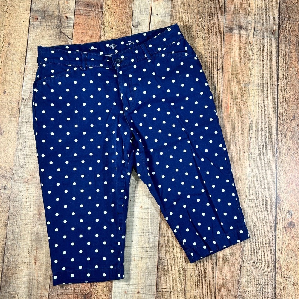 St. John's Bay Navy Blue Polka Dot Capri Pants Stretch Cotton Petite 14 Retro